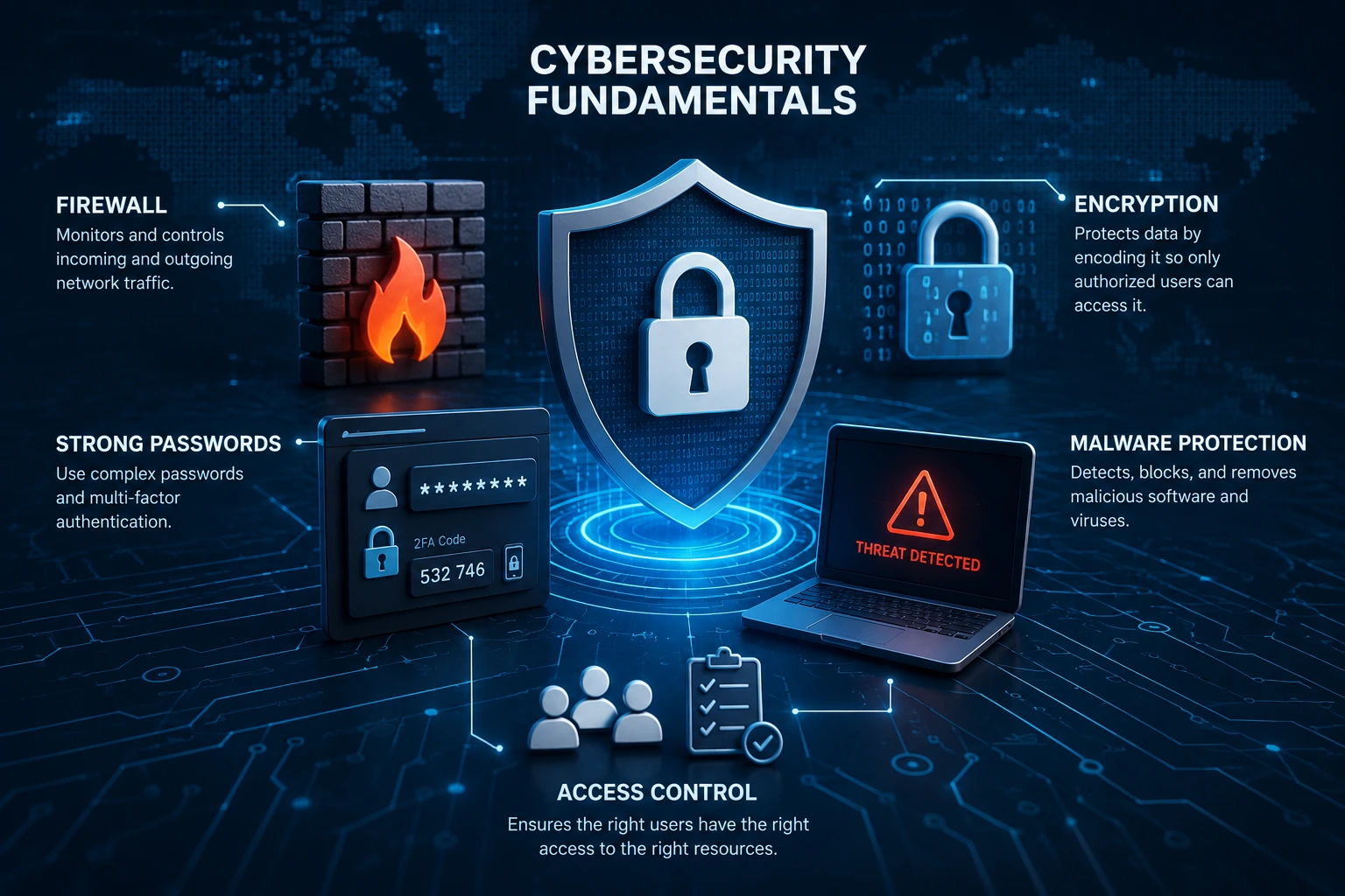 Cybersecurity fundamentals including firewall protection encryption and malware defense