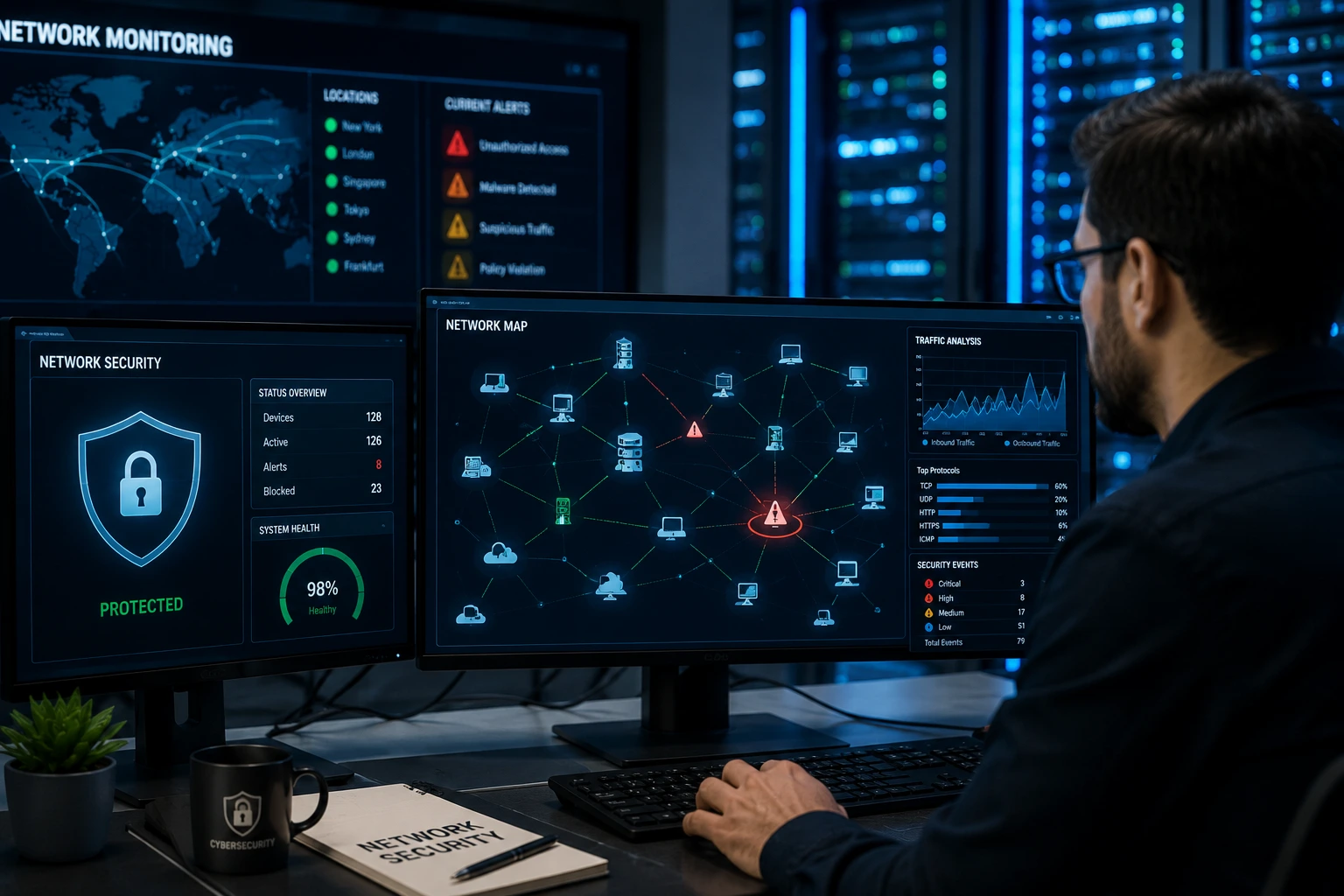 Network security monitoring with connected devices and secure data traffic visualization