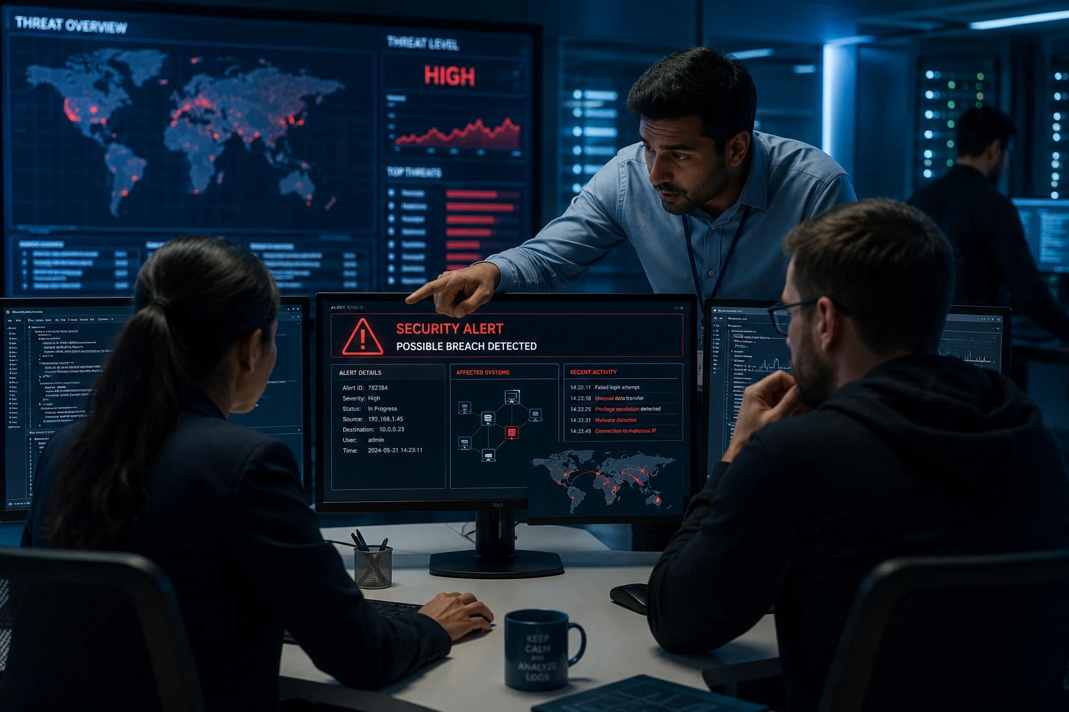 Cybersecurity team responding to a security incident and analyzing threat alerts