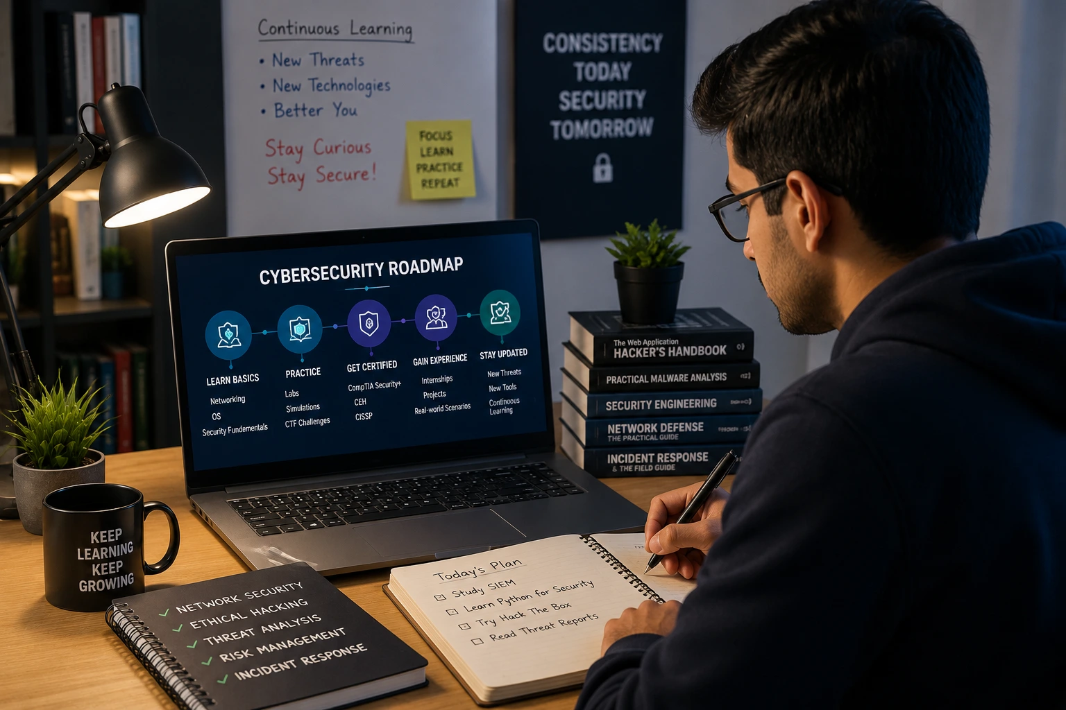 Cybersecurity professional learning new skills and staying updated with emerging threats